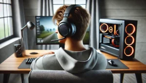 Gamer portant un casque audio confortable dans un setup de jeu minimaliste.