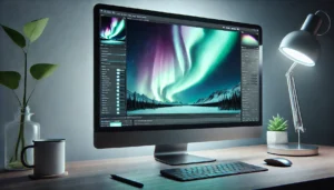 Édition d'une photo d'aurores boréales sur un ordinateur avec un logiciel de retouche photo.