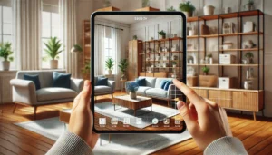 Personne utilisant la réalité augmentée sur une tablette pour visualiser des meubles dans son salon.